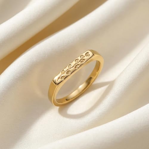 YeGieonr 14K Gold Plated Signet Rings for Women Non Tarnish 925 Sterling Silver Dainty Stackable Gold Ring, Waterproof Engraved Flower Thin Band Unique Everyday Jewelry Gift - color: 14K Gold Plated