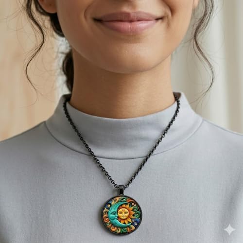 1pc Stunning Round Pendant Necklace - Unique Sun & Moon Pattern, Oil Painting Style Glass Mosaic, Alloy Construction, Trendy Sweater Chain, Fashionable Gift for Women - Christmas or Birthday Gift - color: Orange Sun/Blue Moon (Black)