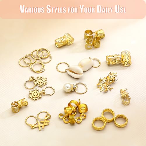 260pcs Gold Hair Jewelry for Women Braids Dreadlock Locs,17 Styles Metal Hair Accessories Adjustable Hair Charms Cuffs Coils Beads Rings Braiding Decoration - color: Gold-260pcs
