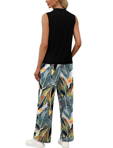 WIHOLL Two Piece Set for Women Summer Spring Outfits Cruise Travel Airport Beach Vacation Mock Neck Wide Leg Pants Set - color: Floral Palm Leaf, size: XX-Large