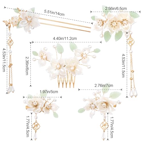 HINZIC 5PCS Camellia Flower Tassels Hairpin, Crystal Rhinestone Pearl Hair Clips Headpiece Retro Chinese Hanfu Wedding Brides Hair Accessories Korean Jewelry for Women Girls Updo Long Hair - color: Camellia