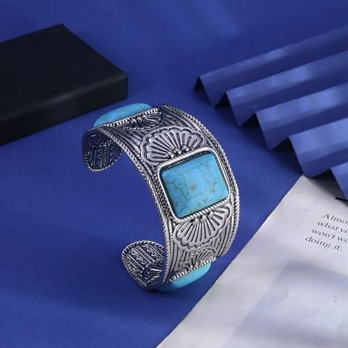 Western Bracelets for Women Vintage Chunky Turquoise Cuff Bracelet Turquoise Country Bracelets Adjustable Boho Cuff Bracelet Western Country Costume Jewelry Accessories - style: Silver Square