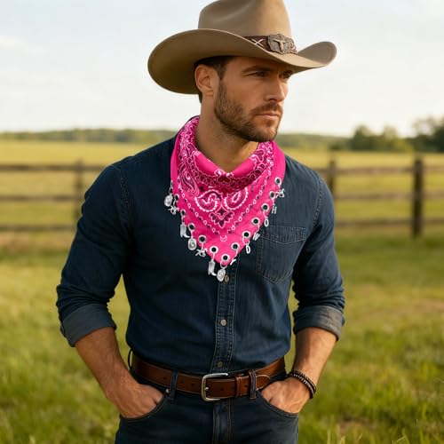 AWAYTR 100% Cotton Bandana for Cowgirl Western Cowboy Costume, 21 Inch Paisley Scarf with Grommet Western Ornaments - color: Rose Pink