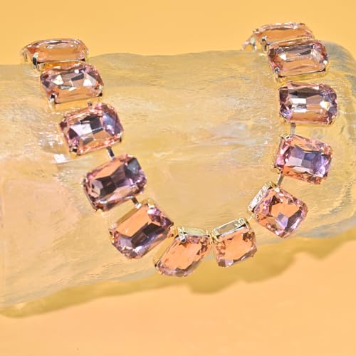 Fashionable Chunky Plated Tennis Rhinestone Statement Necklace Jewelry Set for Women Multicolor gem necklace with Great Sparkle and Shine Design for Women to Easy Match - color: pink square Rhinestone