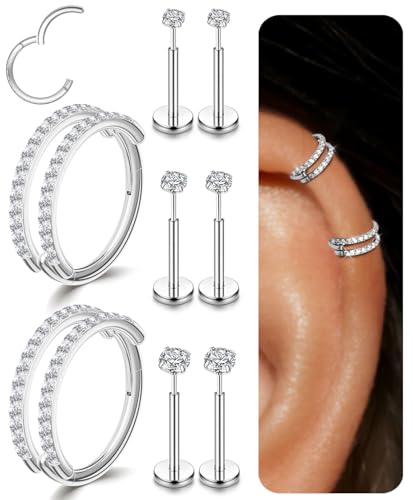 Small Cartilage Double/Triple-Hoop Helix Conch Piercing Earrings With Cubic Zirconia For Women Trendy 14K Gold Plated Titanium Surgical Stainless Steel Sets Nose Rings Hoops Septum Rings - color: Silver, style: C-4Pairs-16Gauge-Double CZ hoop