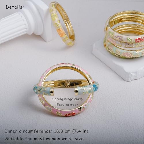Vintage Flower Cuff Bangles Gold Plated Cloisonne Chinoiserie Peony Floral Elegant Bracelet Gifts For Women - color: light green