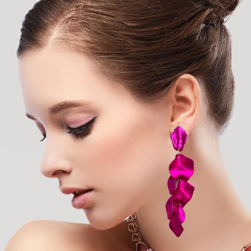 Long Acrylic Rose Petal Earrings Dangle Exaggerated Flower Earrings Drop Statement Floral Tassel Earrings for Women - color: Pearlescent Violet