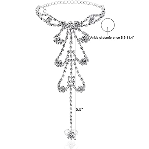 Summer Barefoot Sandals with Foot Chain Jewelry, Crystal Toe Ring Anklets & Bridal Rhinestone Foot Chain for Women (Silver)