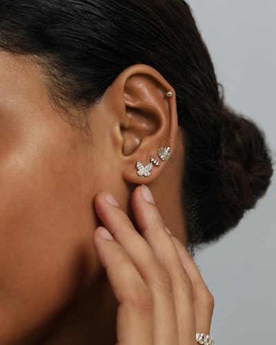 PAVOI 14K Gold Plated Dainty Flat Back Earrings for Women - Hypoallergenic Sterling Silver Posts Helix Cartilage Piercing Jewelry - Emoji Motif Bow Celestial Flatback Gold Stud Earrings Screw Back - style: Butterfly 4-Pair Set
