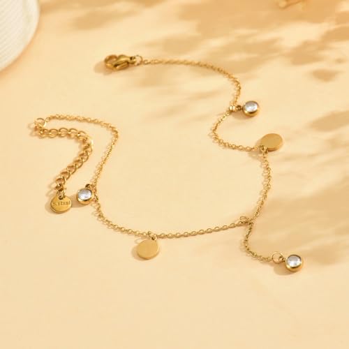 Anklet Bracelets for Women 18K Gold Plated Tennis Anklets Dainty Sapphire Paperclip Pearl Sequin Droplet Adjustable Large Anklet Bracelets Simple Beach Summer Waterproof Foot Jewelry - color: Sequin CZ-Gold