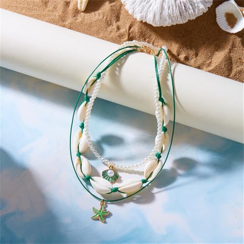 Shell Beach Choker Necklace Set for Women Boho Layered Beaded Adjustable Starfish Conch Shell Nacklace Imitaion Pearl Rice Beads Necklace Summer Ocean Vacation Jewelry - color: Green