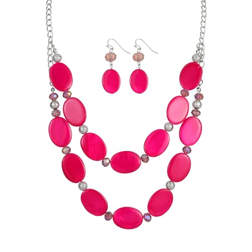 2 Layered Chunky Beaded Shell Necklace for Women Sea Shell blue/yellow/red/green/turquoise/teal/white Statement Necklace and Earring Set Elegant Women Necklace Set Jewelry Sets for Women - color: fuchsia pink