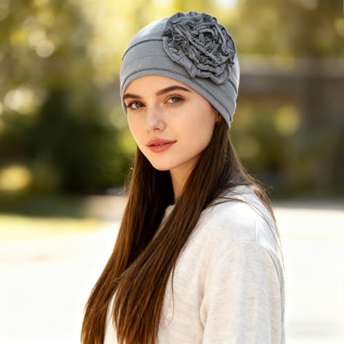 4 Pcs Chemo Turban Headwear for Women Stretchy Turban Head Wraps Cap Chemo Headwrap with Hair Loss - color: Black, Light Gray, Wine Red, Blue