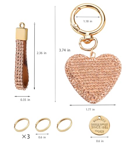 Keychain for Women Girls Bling Heart/Star/Strawberry Key Chain Accessories for Key/Backpack Bag Charm - color: Champagne Heart