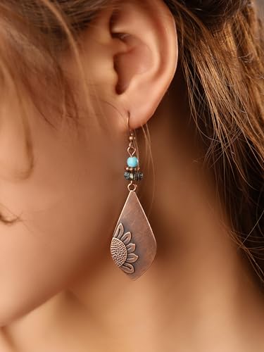 MINACHI Boho Antique Copper Tone Sunflower Teardrop Dangle Drop Earrings for Women with Turquoise Beads, Vintage Rustic Statement Jewelry Gift