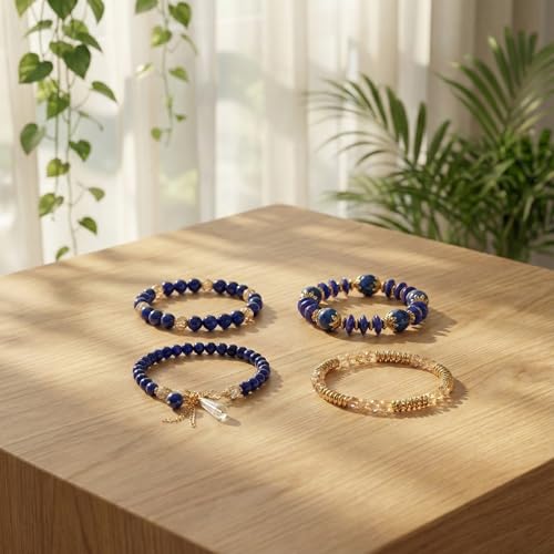 Bohemian Bracelet Sets for Women - 4-Pack Stackable Stretch Bead Bracelets with Black＆White Crystal & Gold Accessories, Multi-Layer Boho Jewelry - color: purple