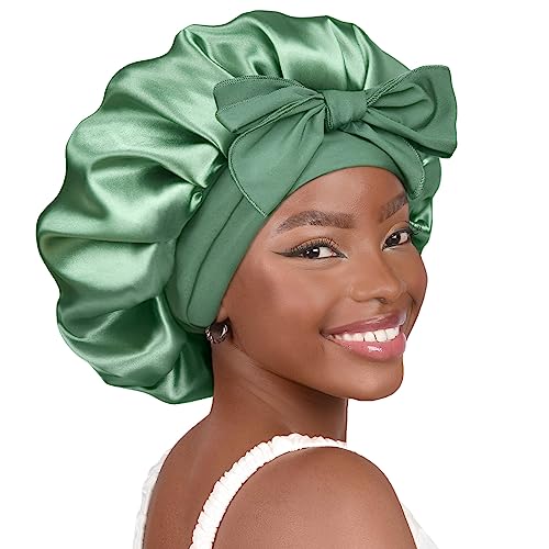 YANIBEST Adjustable Satin Bonnet for Sleeping Women Double Layer Hair Wrap Reduce Friction Prevent Frizz Natural Curly Hair - color: Sage