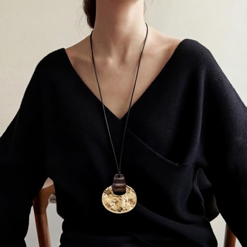 MUYAN Gold Hammered Pendant Necklaces for Women Western Statement Long Necklace Cowgirl Outfits Boho Vintage Jewelry
