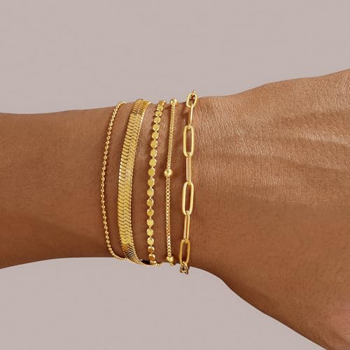 Gold Bracelets for Women, 14K Gold Plated Stackable Bracelet Stack Set Adjustable Charm Paperclip Chain Snake Link Layered Waterproof Jewelry Sets Gifts - style: Bracelets Set /6