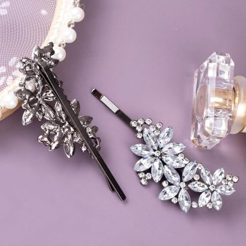 PAGOW 2pcs Silver Flower Rhinestone Hair Clips, Bling Crystal Hair Pins for Women, Glitter Flower Bridal Headpiece Accessories for Wedding Birthday Parties - color: Silver 2pcs-C Style