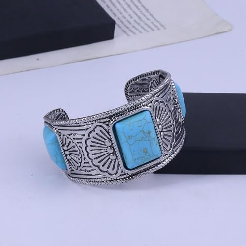 Western Bracelets for Women Vintage Chunky Turquoise Cuff Bracelet Turquoise Country Bracelets Adjustable Boho Cuff Bracelet Western Country Costume Jewelry Accessories - style: Silver Square