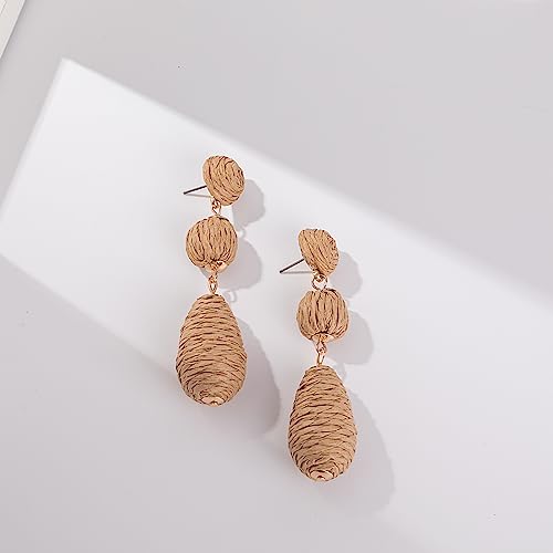 Boho Raffia Earrings Statement Dangle Earrings Cute Teardrop Ball Earrings Colorful Summer Jewelry Handmade Rattan Earrings for Women - color: Wheat
