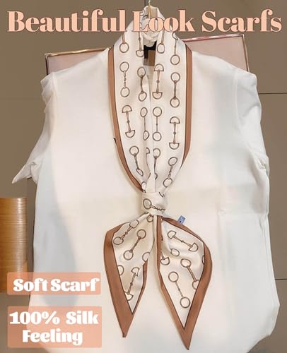 kcctoo 59” Long Silk Like Head Scarf Women's Fashion Square Neck Satin Scarfs for Bag Hair Scarves Gift 59 * 5.9” - color: N2 Buckle With Brown Edges 59" X 5.9"
