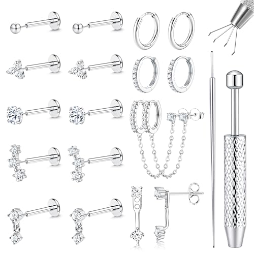 LOLIAS 16G/18G/20G Flat Back Earrings for Women Threadless Surgical Steel Stud Hoop Earrings Push in Nose Studs Hypoallergenic CZ Cartilage Earring Set Labret Helix Tragus Conch Piercing Jewelry - color: Silver, size: 20G(0.8MM)-CZ