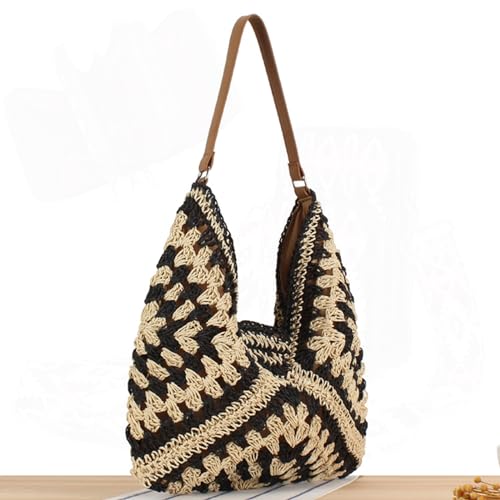 Straw Hobo Bag for Women 2026 Boho Woven Beach Purse Large Summer Straw Tote with Lining Black Raffia Shoulder Bag | straw material - color: Black1 With Khaki Strap