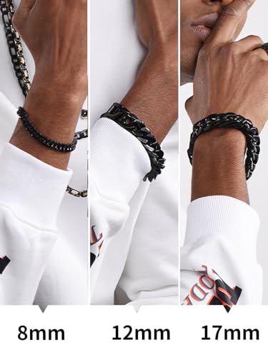 ChainsHouse Stainless Steel Cuban Link Bracelet, 8mm/12mm/17mm Width, 7.5"/8.3"/9", 18K Gold Plated Chain Wrist Bracelets for Men Women, Send Gift Box - color: S: Black-8mm width-custom
