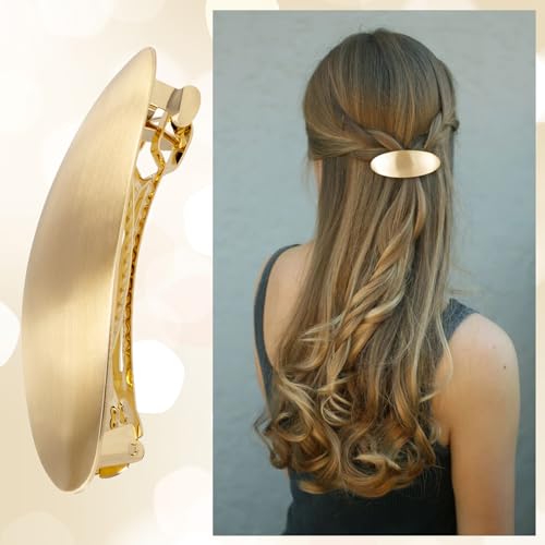 HINZIC 3inch Oval Hair Barrette Metal Large Hair Clip Vintage Gold French Wedding Prom Formal Hair Accessories for Women Long Thick Hair - color: Gold