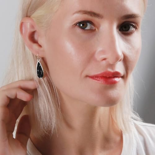Teardrop Dangle Earrings for Women with Simulated Druzy Stones, in Gold or Rose Gold Tone - color: Silver - Black Stone