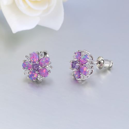 CiNily Flower Earrings,Opal Stud Earrings Sterling Silver or White Gold/Rose Gold Plated Ladies Flower Stud Earrings Cute Unique Earrings for Girls - color: Purple opal