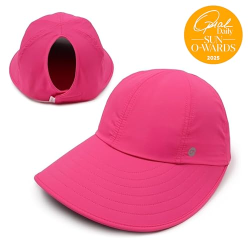 Ponyflo Sunblocker Wide Brim Hat, Patented Women’s Ponytail Sun Hat for Adults, UPF 50 Sun Protection - color: Hot Pink