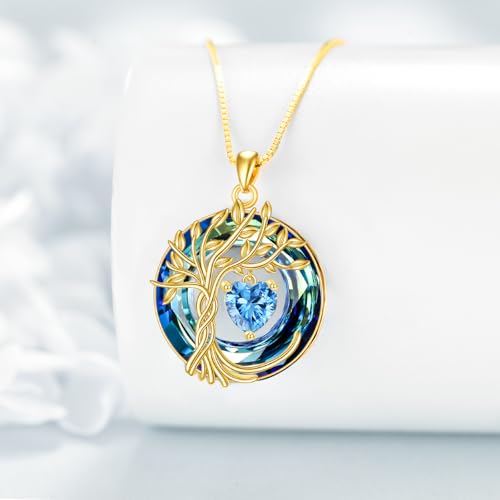 POPLYKE Mothers Day Gifts for Mom Her Wife Tree of Life Necklace 925 Sterling Silver Birthstone Pendant with Crystal Anniversary Birthday Wedding Jewelry for Women - color: 12-Dec-Blue Topaz, style: 18K Gold Plated-Blue Crystal