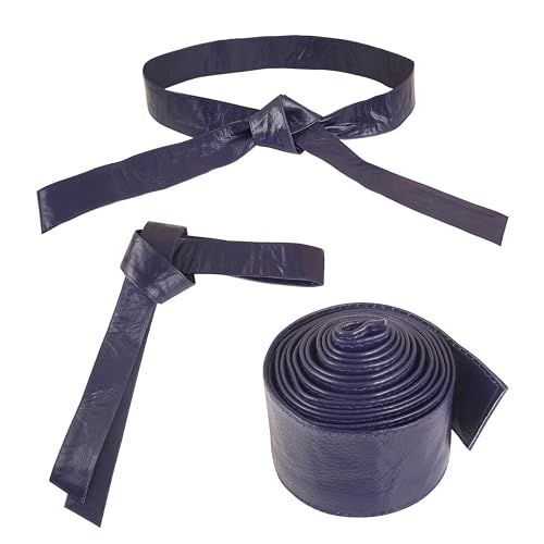 Woman's Obi Sash Tie Plus Size Waist Band Wide Solid Color Genuine Leather Belt - color: Navy Blue
