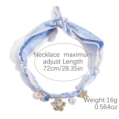 Scarf Long Fabric Colorful Silk Scarves Multi Pendant Necklace For Women Statement Boho Choker Twisted Ribbon Band Pearl Accent Heart Maple Leaf Bee Daisy Dragonfly Star Green Gem Charms - color: Blue Bow