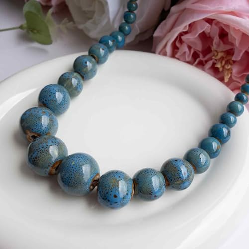 Boho Round Colorful Ceramic Beaded Necklace, Adjustable Hippie Statement Necklace, Handmade Ethnic Jewelry Gift for Women - color: Blue