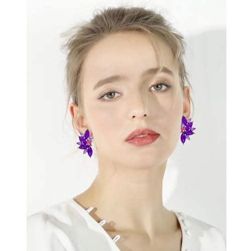 Bohemian Statement Sparkly Colourful Fancy Rhinestone Crystal Flower Dangle Drop Stud Earrings Vintage Wedding Bridal Prom Earrings for Women - color: Purple Pink