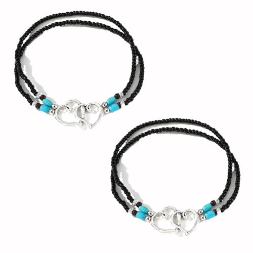 Ankle Bracelets for Women Waterproof Elastic Heart Anklet Stretchy Ankle Bracelets Colorful Beaded Anklets Boho Ankle Bracelets Silver Beach Anklet Jewelry Accessories for Summer - color: Black Black Anklets