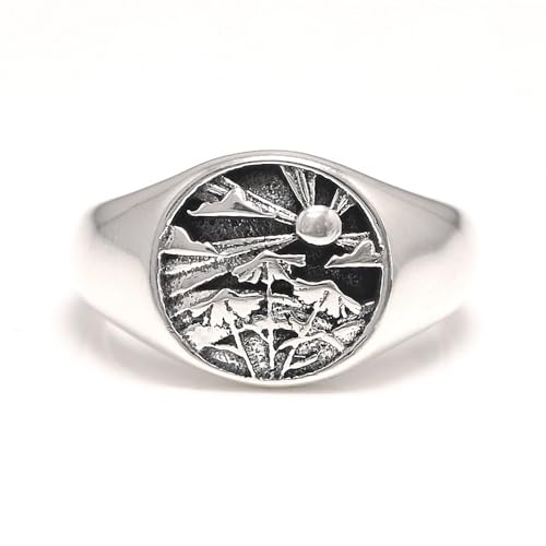 925 Sterling Silver Chunky Signet Rings for Men Women Coin Ring Mens Pinky Ring Engraved Sun Tree Jewelry Size 6-13 - color: Silver