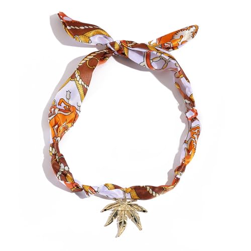 Scarf Long Fabric Colorful Silk Scarves Multi Pendant Necklace For Women Statement Boho Choker Twisted Ribbon Band Pearl Accent Heart Maple Leaf Bee Daisy Dragonfly Star Green Gem Charms - color: Orange Maple leaf
