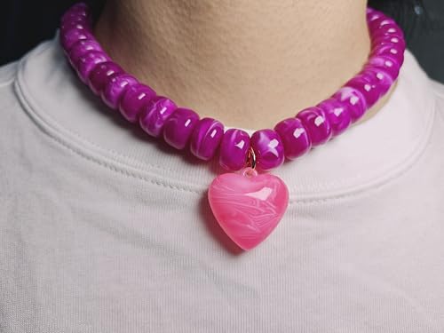 Chunky Colorful Beaded Statement Boho Summer Beach Chokers Necklace Heart Pendant Pink Green Yellow Brown Fashion Jewelry - color: Cranberry pink