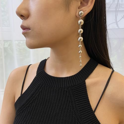 Dainty Gold Beaded Ball Dangly Earrings for Women, Statement Simple Silver Round Beads Long Tassel Drop Dangle Earring Party Prom Accessories Jewelry Gift - color: Silver