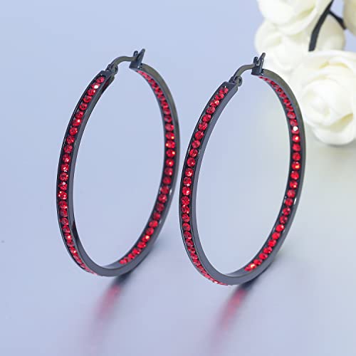 CiNily Mult-colors Crystal Stainless Steel Hoop Earring for Women Hypoallergenic Jewelry for Sensitive Ears Large Big Hoop Earrings 2" - color: Black Gold-Red