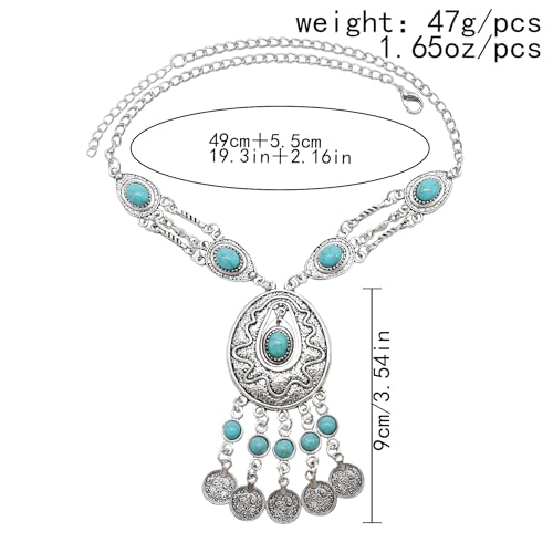 Bethynas Bohemian Ethnic Tribal Chunky Necklace Multilayer Long Tassel Turquoise Statement Neck Chain Retro Coin Gemstone Exaggerated Costume Accessories for Women - color: F-Blue