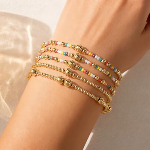 14K Gold Plated Beaded Bracelets Stack Set for Women,Stretch Boho Colorful Beads Ball Jewelry Friendship Summer Trendy - color: Colorful Pink