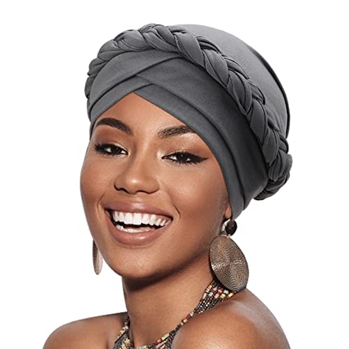 DRESHOW Turban Pre-Tied Twisted Hat Thread African Head Wraps for Black Women Chemo Cancer Cap Braid Hair Cover - color: 1 Pc Twisted Braid: Gray