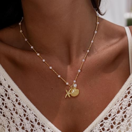 Ewrkbr Gold Necklace for Women,14K Gold Plated Shell Starfish Beach Necklaces Cute Boho Pendant Necklace Fashion Summer Waterproof Pearl Jewelry for Women - color: NK-shell star