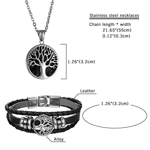 Cupimatch Men Tree of Life Symbol Pendant Necklace Leather Bracelet, Stainless Steel 22 inch Chian Jewelry Set (Black) for Father's Day - color: Black